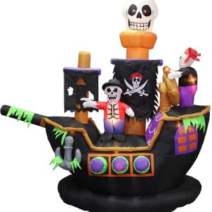 Two Halloween Party Decorations Bundle, Includes 7 Foot Halloween Inflatable Skeletons Ghosts On Pirate , And 8 Foot Tall Halloween Inflatable Ghosts Spider Archway Arch Blowup With Lights