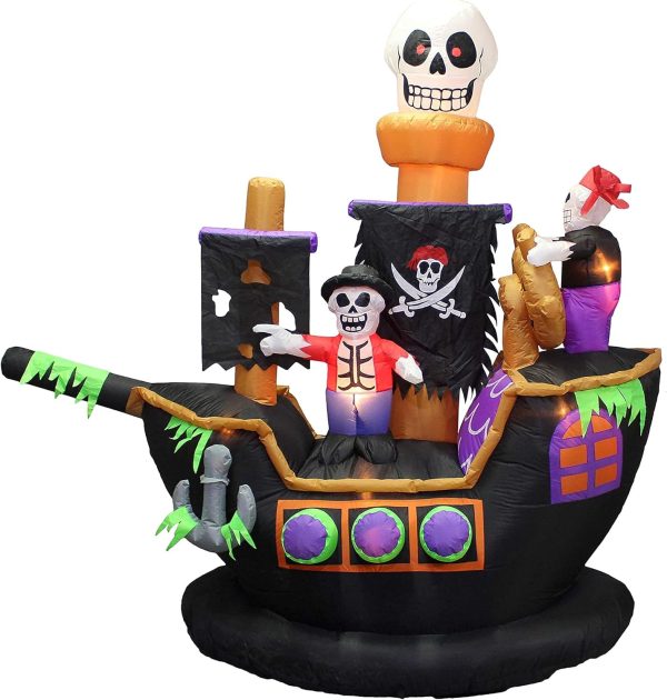 Two Halloween Party Decorations Bundle, Includes 7 Foot Halloween Inflatable Skeletons Ghosts On Pirate , And 8 Foot Tall Halloween Inflatable Ghosts Spider Archway Arch Blowup With Lights