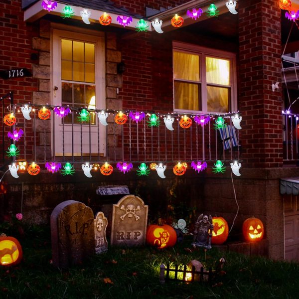 [Timer] 2 Pack Halloween Lights Total 23Ft 60 Led Pumpkin Bat Spider Ghost Halloween String Lights Battery Operated, 8 Modes Waterproof Indoor Outdoor Halloween Decorations Lights Home Window Decor