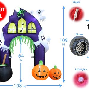 Two Halloween Party Decorations Bundle, Includes 20 Foot Tall Animated Halloween Inflatable Black Cat, And 9 Foot Tall Inflatable Castle Archway With Pumpkins Spider Ghosts Cauldron Blowup With Lights