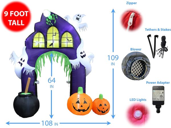 Two Halloween Party Decorations Bundle, Includes 20 Foot Tall Animated Halloween Inflatable Black Cat, And 9 Foot Tall Inflatable Castle Archway With Pumpkins Spider Ghosts Cauldron Blowup With Lights