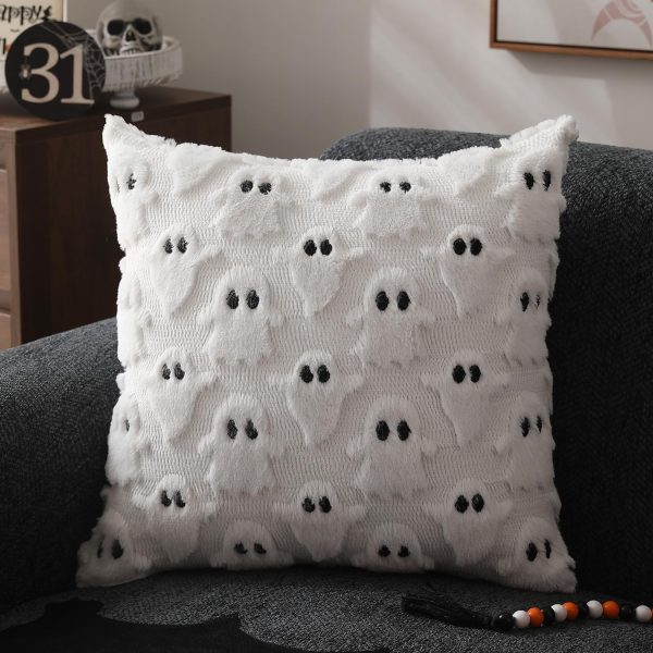 Dfxsz Halloween Pillow Covers 18X18 Inch Set Of 2 White Ghost Throw Pillow Cases Soft Plush Faux Fur Wool Couch Cushion Case For Chair Sofa Bedroom Living Room Home Decor Ptk03A18