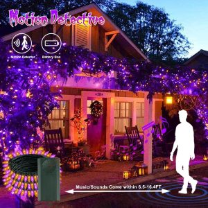 Tcamp Battery Operated Halloween Lights Motion Activated Sync With Music, 33Ft 100 Led Orange Purple Halloween String Lights With Spooky Music For Outdoor Indoor Halloween Decor (6 Lighting Modes)