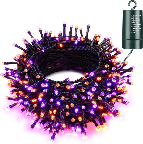 Joomer Orange Purple Halloween Lights, 66Ft 200 Led Battery Operated String Lights Waterproof Halloween Battery Lights With 8 Modes & Timer Function For Halloween Decorations