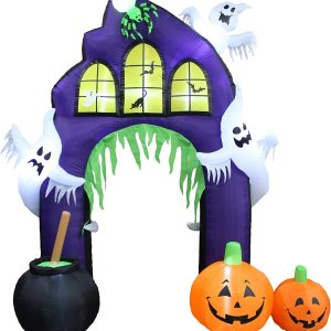 Two Halloween Party Decorations Bundle, Includes 20 Foot Tall Animated Halloween Inflatable Black Cat, And 9 Foot Tall Inflatable Castle Archway With Pumpkins Spider Ghosts Cauldron Blowup With Lights