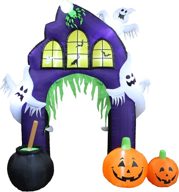 Two Halloween Party Decorations Bundle, Includes 20 Foot Tall Animated Halloween Inflatable Black Cat, And 9 Foot Tall Inflatable Castle Archway With Pumpkins Spider Ghosts Cauldron Blowup With Lights