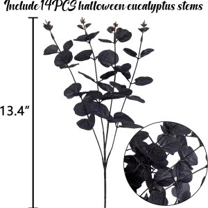 Yen Jean 14Pcs Black Halloween Decor Artificial Flowers Bulk - Eucalyptus Stems Branches Decorations For Table Indoor Centerpieces