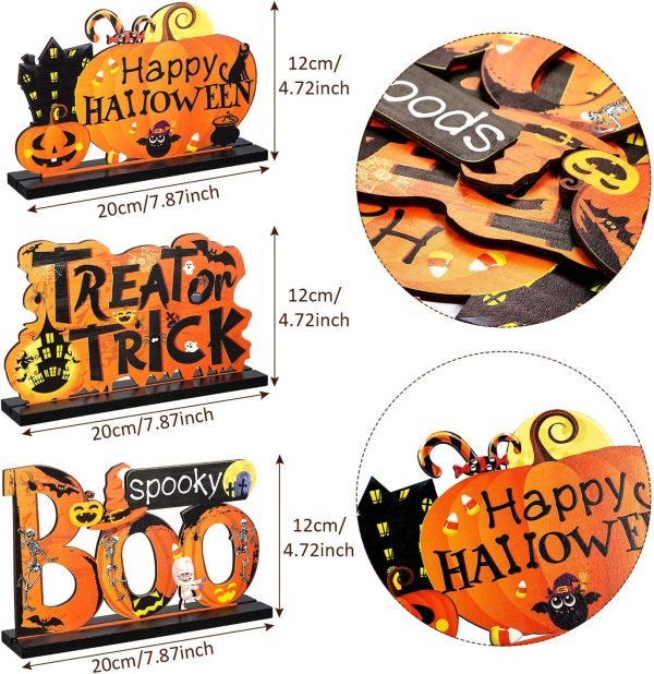 Blulu 3 Happy Halloween Table Decorations, Pumpkin Table Centerpieces Boo Sign Wooden Candy Day For Halloween Party Dinner Coffee Table Topper Tier Tray Room Decor, 7.87 X 4.72 Inch