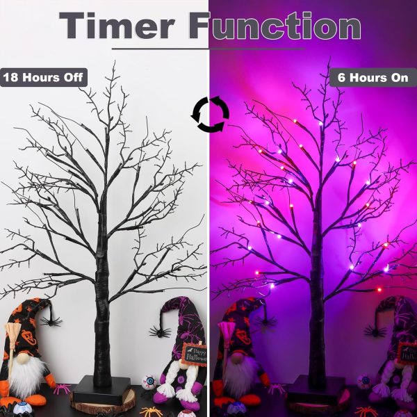 Halloween Decorations Indoor 2 Pack 24 Inch Halloween Black Tree With 24 Orange Purple Lights, Timer/Usb/Battery Operated Tabletop Lighted Halloween Spooky Tree For Halloween Table Decor Home Indoor