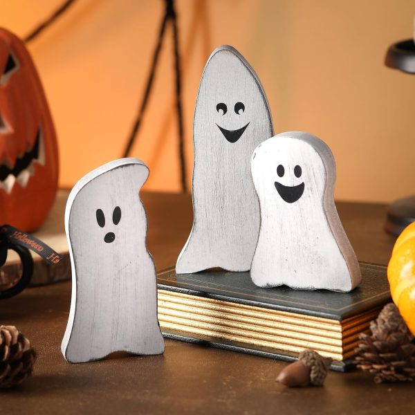 Halloween Tiered Tray Decor Set Of 3, Wooden Ghosts Decor, Wooden Ghost Theme Table Centerpieces For Home Décor Shelf Mantel