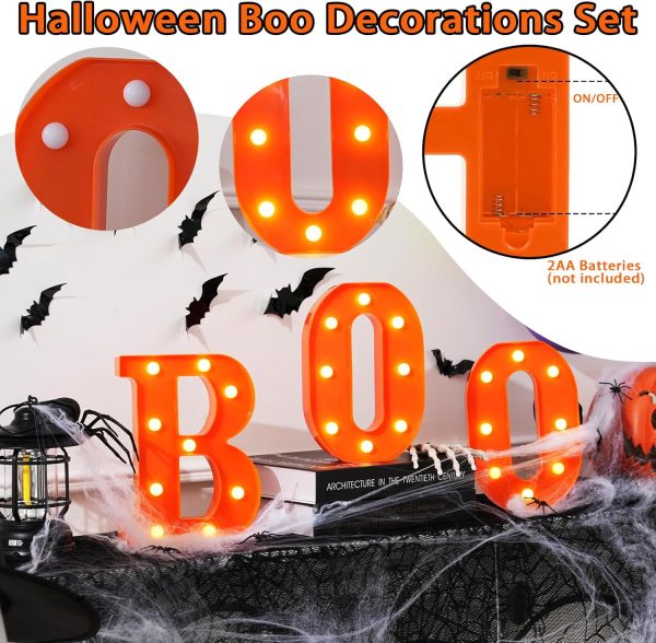 Halloween Decorations Indoor, Boo Halloween Decor Set, Halloween Party Decorations With Light Up Letters “Boo”, Happy Halloween Banner, Bats Decor And Spider Web Mantel Scarf For Home Tabletop