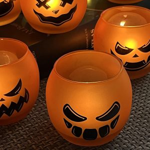 Halloween Centerpiece For Table 6 Pcs, Orange Pumpink Grimace Glass Votive Candle Holders, Tealight Holders For Indoor Outdoor Halloween Decor