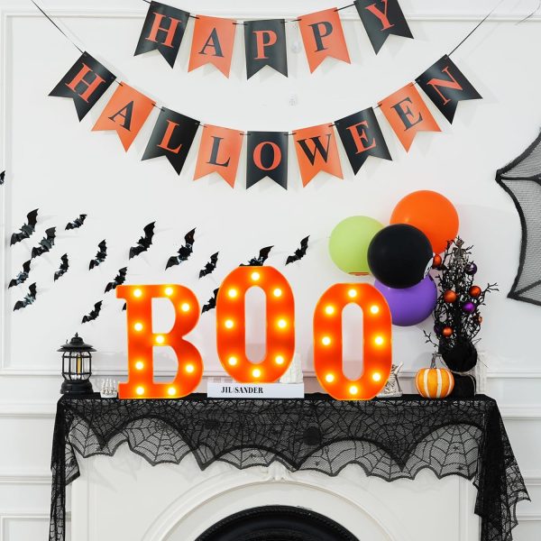 Halloween Decorations Indoor, Boo Halloween Decor Set, Halloween Party Decorations With Light Up Letters “Boo”, Happy Halloween Banner, Bats Decor And Spider Web Mantel Scarf For Home Tabletop