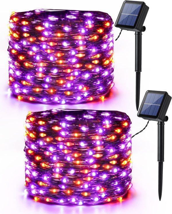 Brizled Orange & Purple Halloween Lights, 2 Pack Total 78Ft 240 Led Orange Lights, Purple Solar Halloween Lights 8 Modes, Outdoor Twinkle Orange Halloween String Lights Black Wire For Halloween Decor