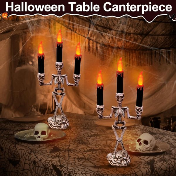 Turnmeon 2 Pack Halloween Candelabra With Led Flameless Candles Holder Battery Operated Flickering Lights Skull Candles For Halloween Decorations Indoor Home Table Party Haunted Mansion Decor (Black)