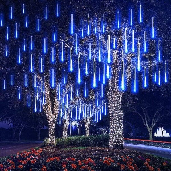 Weepong Meteor Shower Lights Outdoor Christmas Lights Ul Certified Falling Rain Drop Lights Snowfall Icicle Cascading String Lights For Xmas Holiday Tree Garden Decor Blue, 12Inch 8Tubes