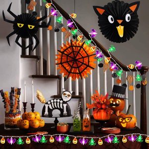 Hamcstnf Halloween Lights Battery Operated - 14.76Ft 30 Led 3D Pumpkin Bat Spider Halloween String Lights With Timer, Halloween Decorations Lights For Home Window Porch Outdoor Halloween Party Decor