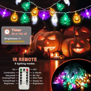 Kenburg Halloween String Lights Battery Operated 26 Feet 40 Led 3D Orange Pumpkins Purple Bats White Ghosts Green Spider Lights With Timer-8 Light Modes Halloween Decorations Lights Indoor Outdoor