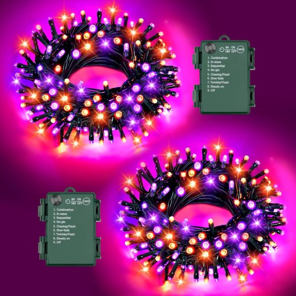 Ffzzkj 8 Modes Halloween String Lights Total 100Led Battery Operated Halloween Lights Outdoor With Timer 16.4Ft*2, 50Led*2 Waterproof Fairy Lights Indoor For Halloween Decor, Orange&Purple, 2-Pack