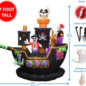 Two Halloween Party Decorations Bundle, Includes 8 Foot Tall Halloween Inflatable Pirate Skull Archway With Color Changing Led Lights, And 7 Foot Halloween Inflatable Skeletons Ghosts On Pirate