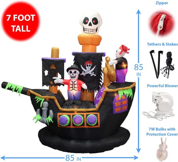 Two Halloween Party Decorations Bundle, Includes 8 Foot Tall Halloween Inflatable Pirate Skull Archway With Color Changing Led Lights, And 7 Foot Halloween Inflatable Skeletons Ghosts On Pirate