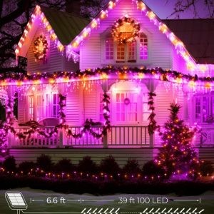 Brightown 100Led Solar String Lights Outdoor, Solar Powered Lights Ip65 Waterproof For Party Garden Yard Home Holiday Tree Decoration Lighting (Orange&Purple, 100Led-1Pack)