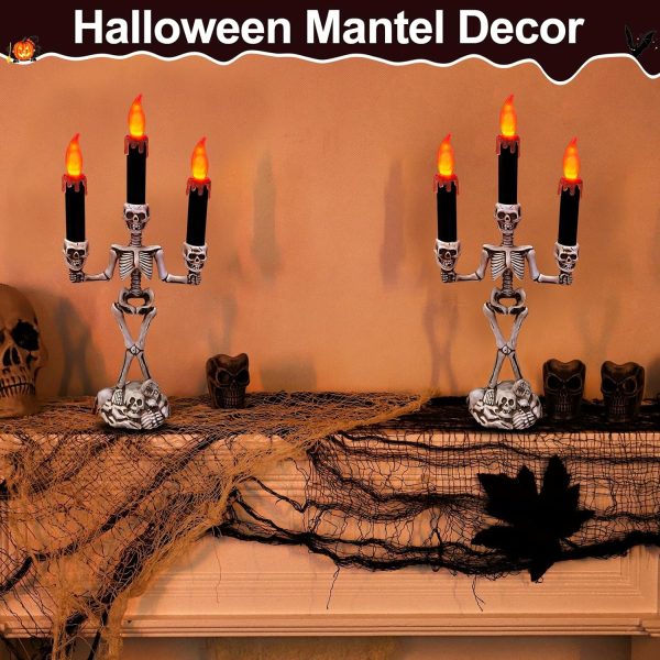 Turnmeon 2 Pack Halloween Candelabra With Led Flameless Candles Holder Battery Operated Flickering Lights Skull Candles For Halloween Decorations Indoor Home Table Party Haunted Mansion Decor (Black)