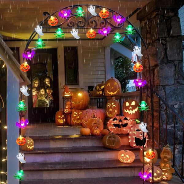 Halloween Lights 20Ft 40 Led Pumpkin Bat Spider Ghost Halloween String Lights Battery Operated With Timer, 8 Light Mode Waterproof Indoor Outdoor Halloween Decorations Light Home Yard Window Decor