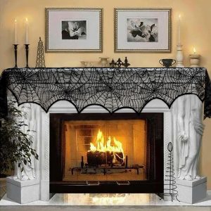 Aerwo Halloween Decoration Black Lace Spiderweb Fireplace Mantle Scarf Cover Festive Party Supplies 45 X 243Cm 18 X 96 Inch