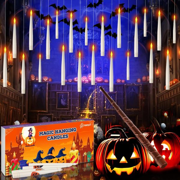 Halloween Decorations, 20Pcs Floating Candles With Wand Remote, Flickering Warmer Light Flameless Candles, Hanging Candles With Diy Sticker, Halloween Decorations Decor Indoor Outdoor Party (20)