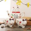 Lucky Cat Maneki Neko Ceramic Tea Cup Pot With Strainers