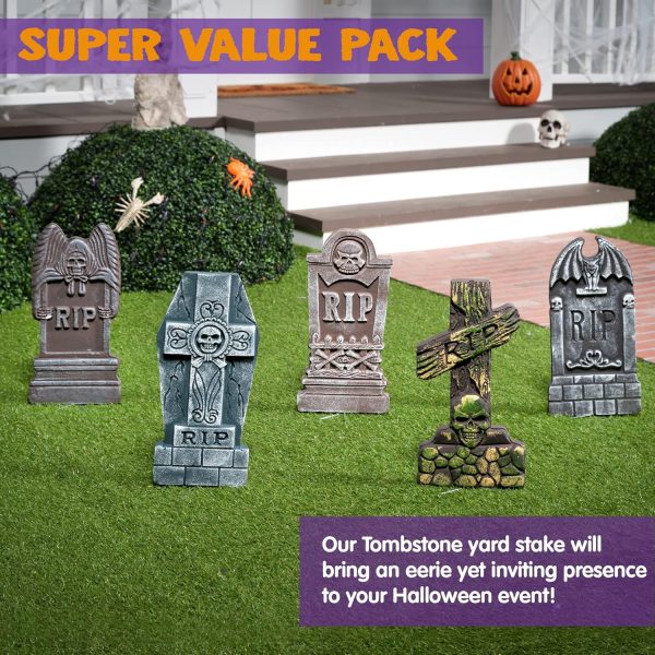 Joyin 17U201D Halloween Foam Rip Graveyard Tombstones (5 Pack), Yard Sign Headstone Decorations And 10 Bonus Metal Stakes For Halloween Yard Outdoor Indoor Decorations