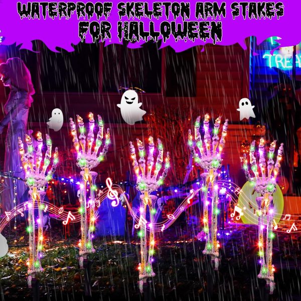 Enhon Halloween Decorations, 5 Pack Lighted Skeleton Arm Stakes With 6 Modes Music Sync Spooky Sounds, 10 Ft 150 Led Waterproof Scary Halloween Party Props Outdoor Ornament (Purple, Orange, Green)