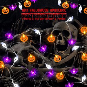 [Timer] 2 Pack Halloween Lights Indoor Outdoor, 20Ft 60 Led Pumpkin Bat Ghost Battery Operated String Lights, 8 Lighting Modes Waterproof Halloween Decorations Lights For Home Party Decor