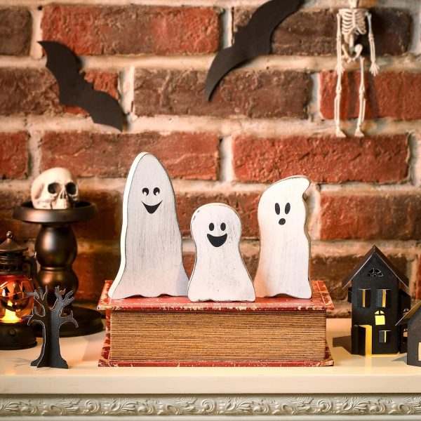 Halloween Tiered Tray Decor Set Of 3, Wooden Ghosts Decor, Wooden Ghost Theme Table Centerpieces For Home Décor Shelf Mantel