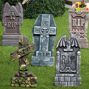 Joyin 17U201D Halloween Foam Rip Graveyard Tombstones (5 Pack), Yard Sign Headstone Decorations And 10 Bonus Metal Stakes For Halloween Yard Outdoor Indoor Decorations