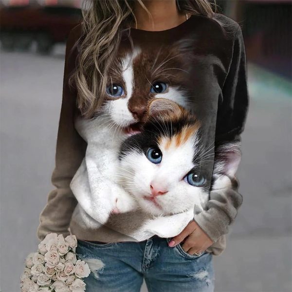 Trendy Cat Print Long-Sleeve Pullover T Shirt