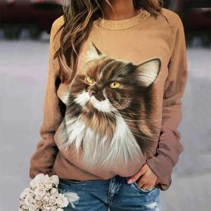 Trendy Cat Print Long-Sleeve Pullover T Shirt