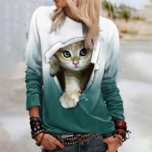 Fashion Cat Print Long-Sleeve Pullover T Shirt