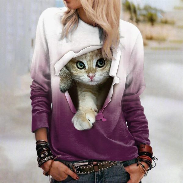 Fashion Cat Print Long-Sleeve Pullover T Shirt