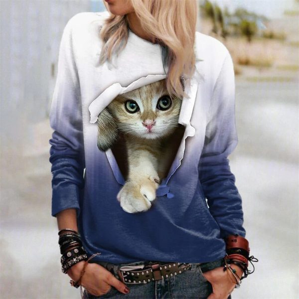 Fashion Cat Print Long-Sleeve Pullover T Shirt