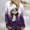 Fashion Cat Print Long-Sleeve Pullover T Shirt