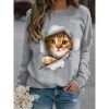 Trendy Cat Print Long-Sleeve Pullover T Shirt