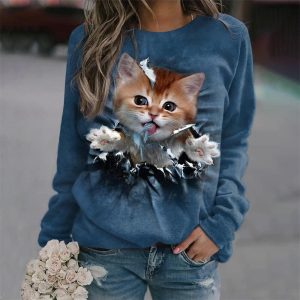 Trendy Cat Print Long-Sleeve Pullover T Shirt