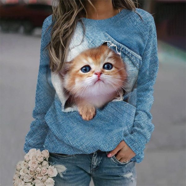 Trendy Cat Print Long-Sleeve Pullover T Shirt