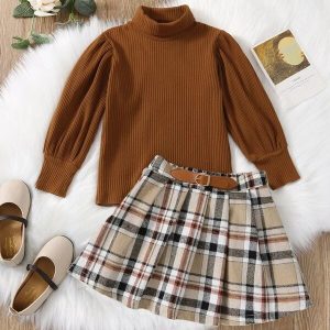 Autumn And Winter Brown Mid High Collar Winter Skirt Suit