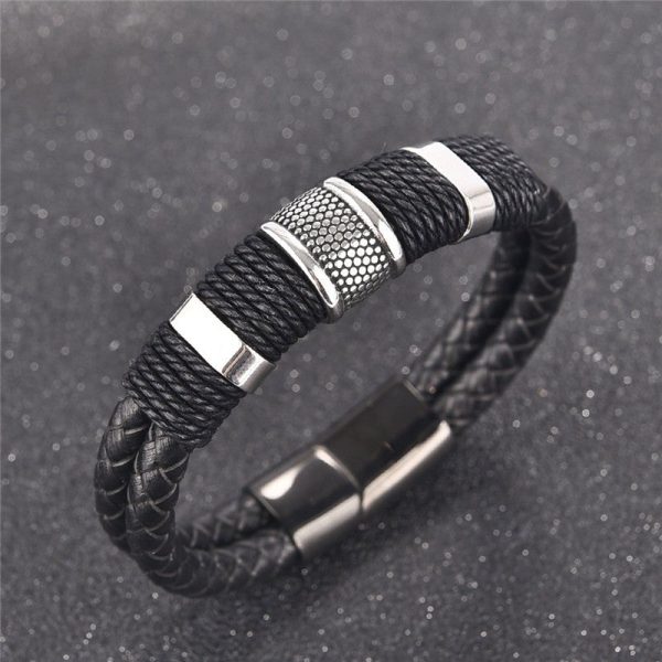 Black Braid Woven Leather Bracelet Titanium Stainless Steel Bracelet Men Bangle