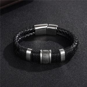 Black Braid Woven Leather Bracelet Titanium Stainless Steel Bracelet Men Bangle