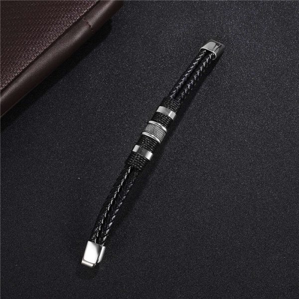 Black Braid Woven Leather Bracelet Titanium Stainless Steel Bracelet Men Bangle