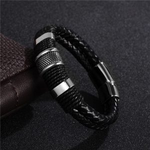 Black Braid Woven Leather Bracelet Titanium Stainless Steel Bracelet Men Bangle